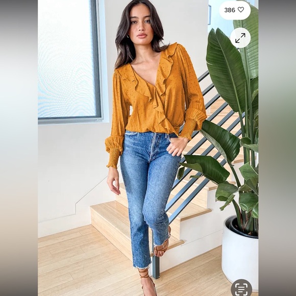 Lulus Women’s S Mustard Swiss Dot Ruffle Long Puff Sleeve Smocked Wrist Top EUC - Picture 12 of 16